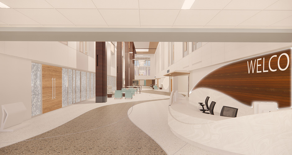 Interior rendering of GBMC’s Patient Center lobby and welcome area with tall ceilings, greeters’ desk and open floor plan.