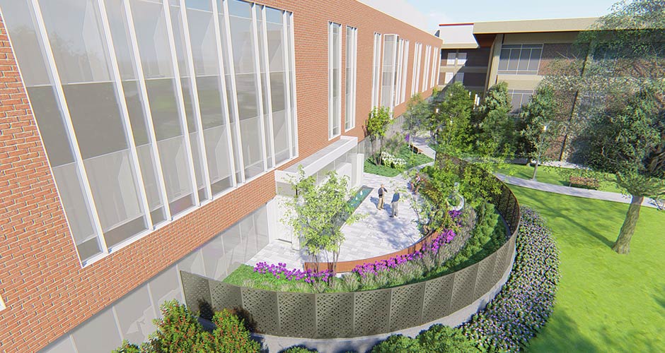Exterior rendering of a healing garden that mimics nature’s natural beauty, green trees, green grass, pink flowers.