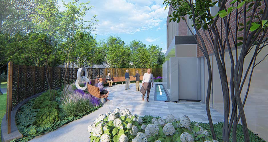 Exterior rendering of a healing garden with white flowers, seating, people relaxing and passing through.