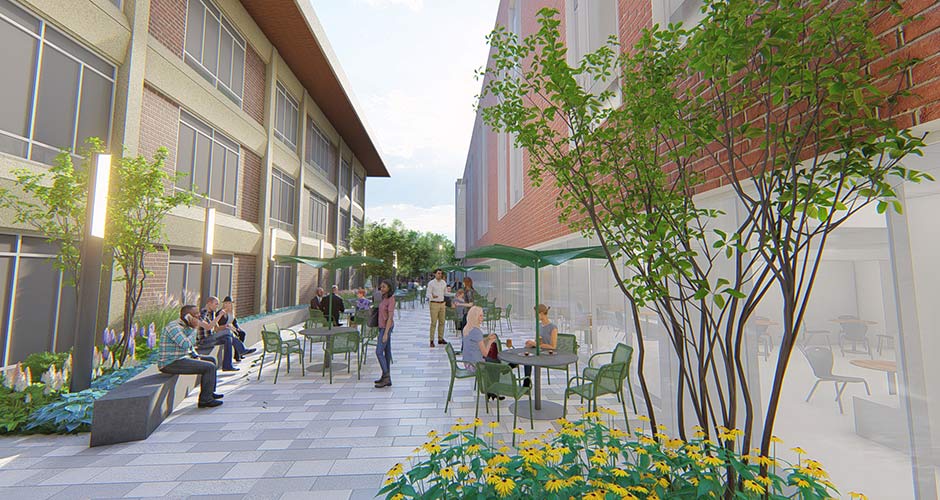 Exterior rendering of the healing garden between two building and with people sitting at tables, walking by, surrounded by trees and flowers.