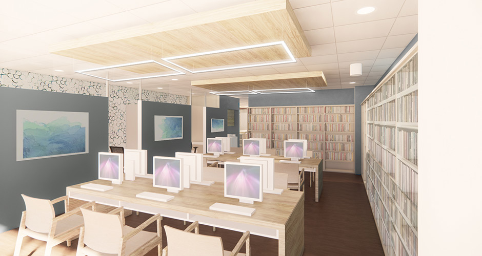 Interior rendering of a medical library with several desks, computer stations, seating and an area surrounding by medical literature in book cases.