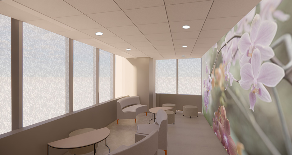 Interior rendering of an open yet semi-private space with seating and tables, and a purple orchid papered wall.